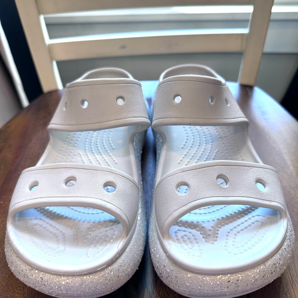 Crocs Classic Crush Glitter Sandals Women 11 Lt Gray Silver Platform Slides - Picture 11 of 14